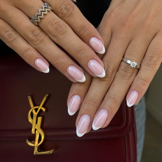 Sheer Pink Short Almond French, Glossy Sheer Pink Short Almond French, Glossy — Clean Girl Nails