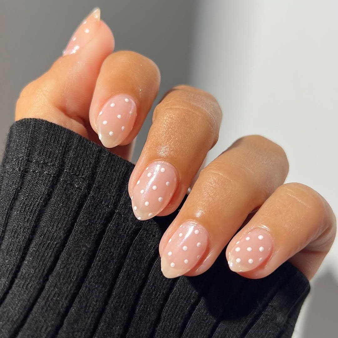 Sheer Nude Almond with White Dots Sheer Nude Almond with White Dots — Clean Girl Nails