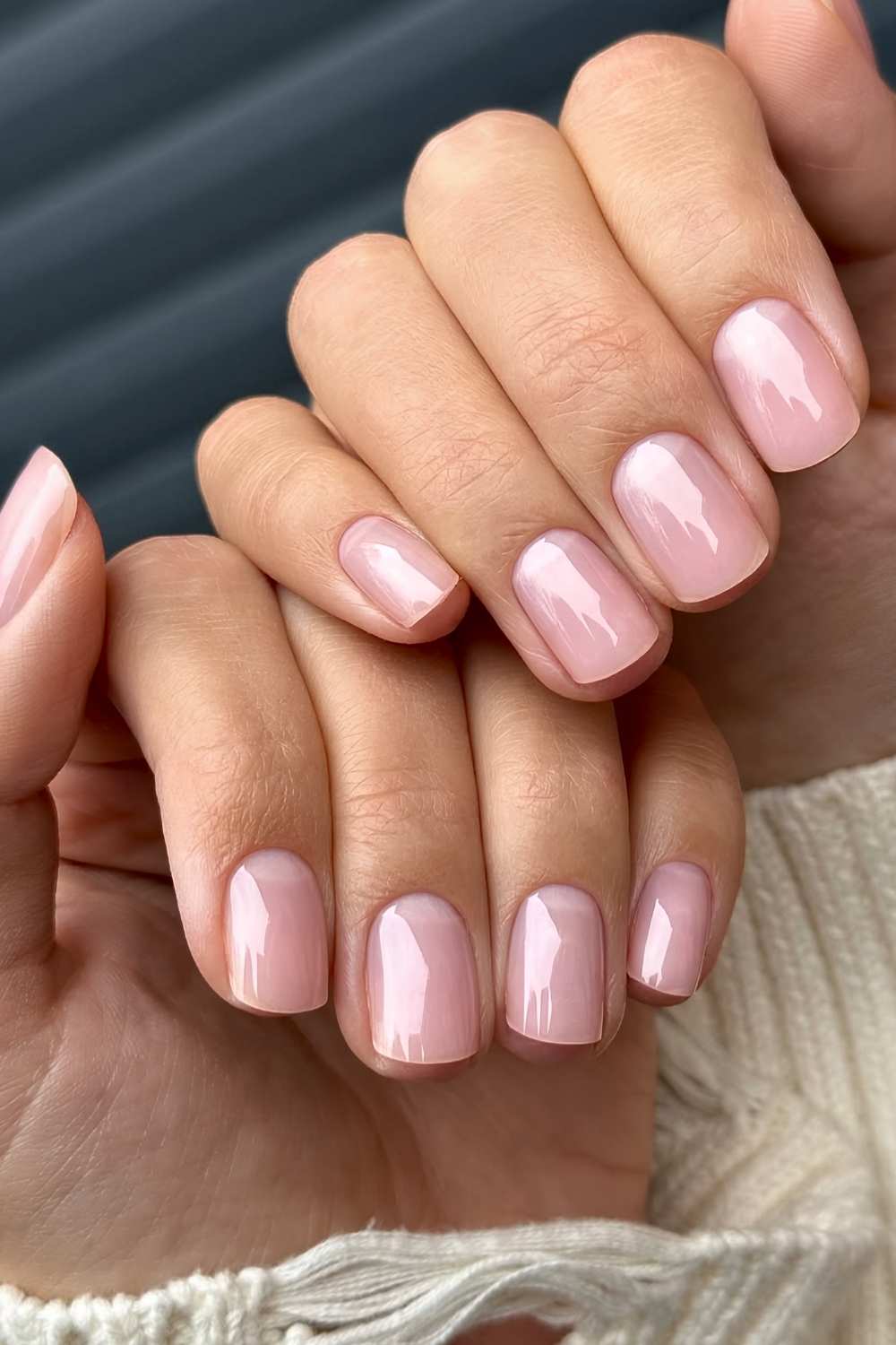 Sheer Pink Shimmer Short Soft Square, Close-Up Take Sheer Pink Shimmer Short Soft Square, Close-Up Take — Clean Girl Nails