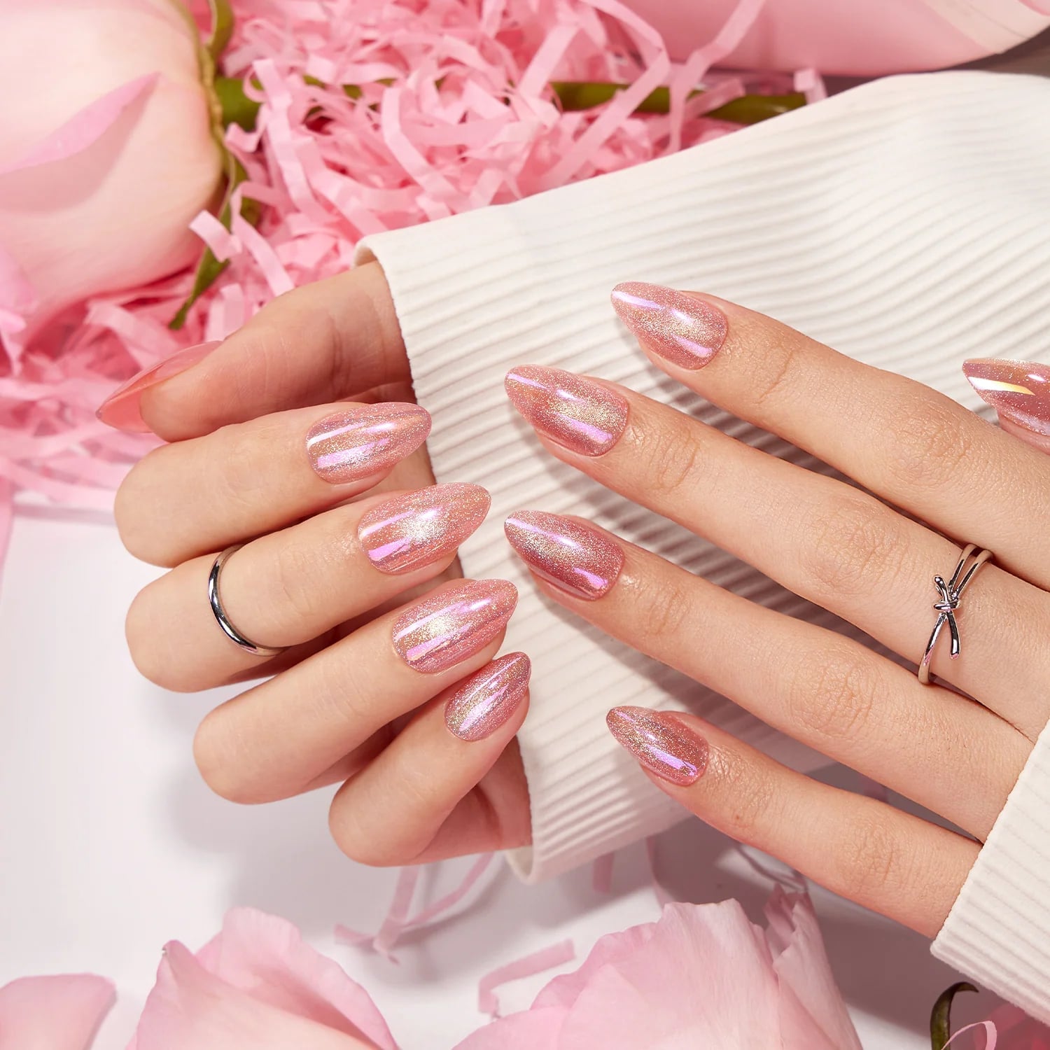 Pink Iridescent Shimmer Medium Almond Pink Iridescent Shimmer Medium Almond — Clean Girl Nails