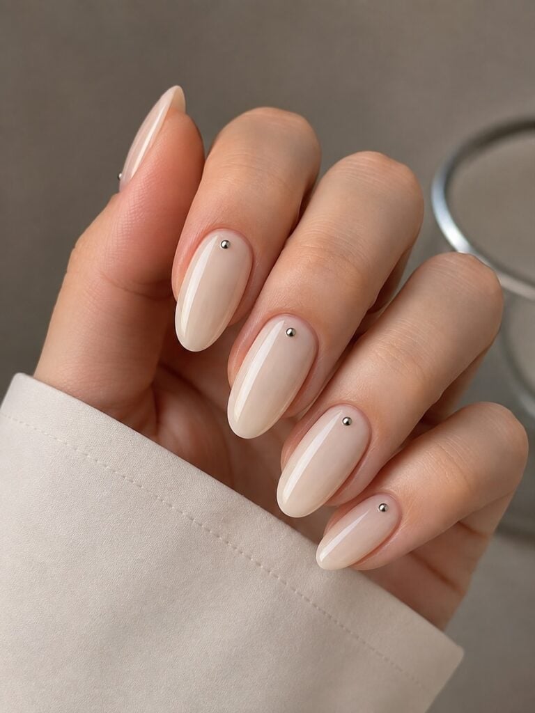 Creamy Nude Almond with Silver Bead Creamy Nude Almond with Silver Bead — Clean Girl Nails