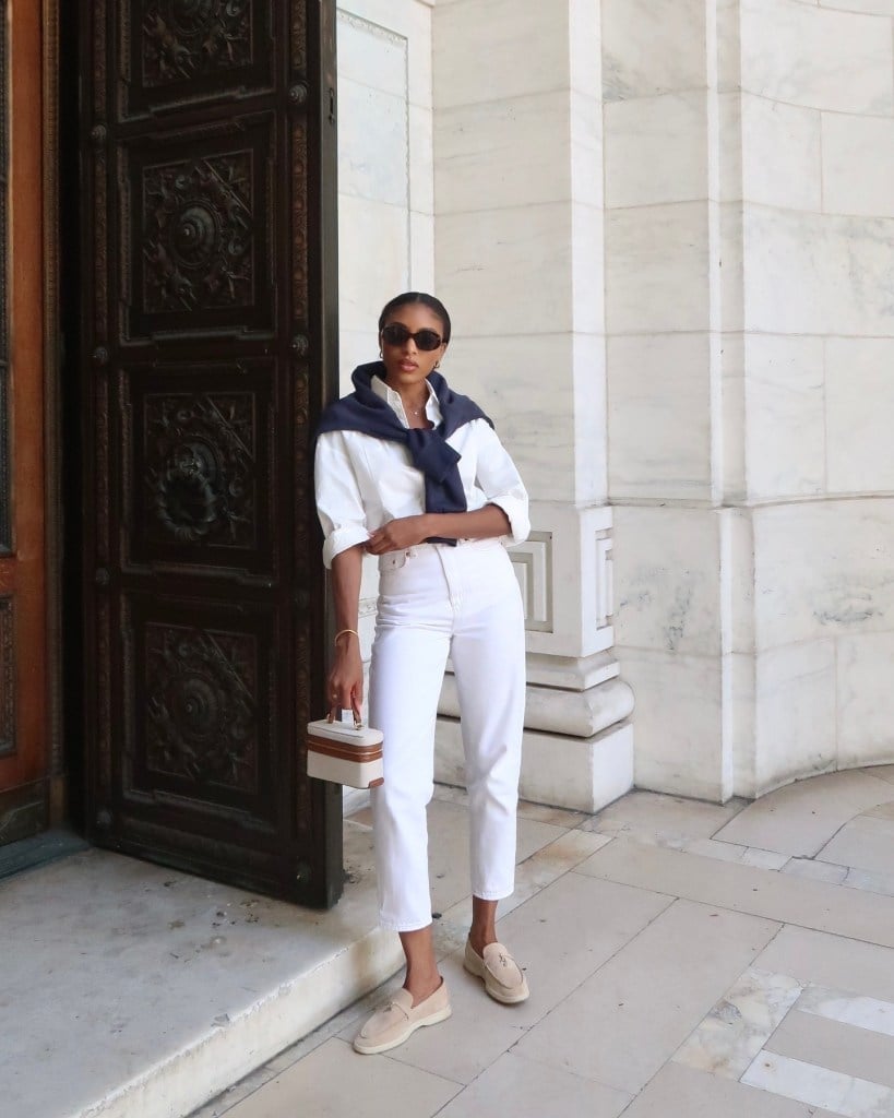 White Shirt and Trousers with Navy Sweater Drape White Shirt and Trousers with Navy Sweater Drape — Clean Girl Outfits