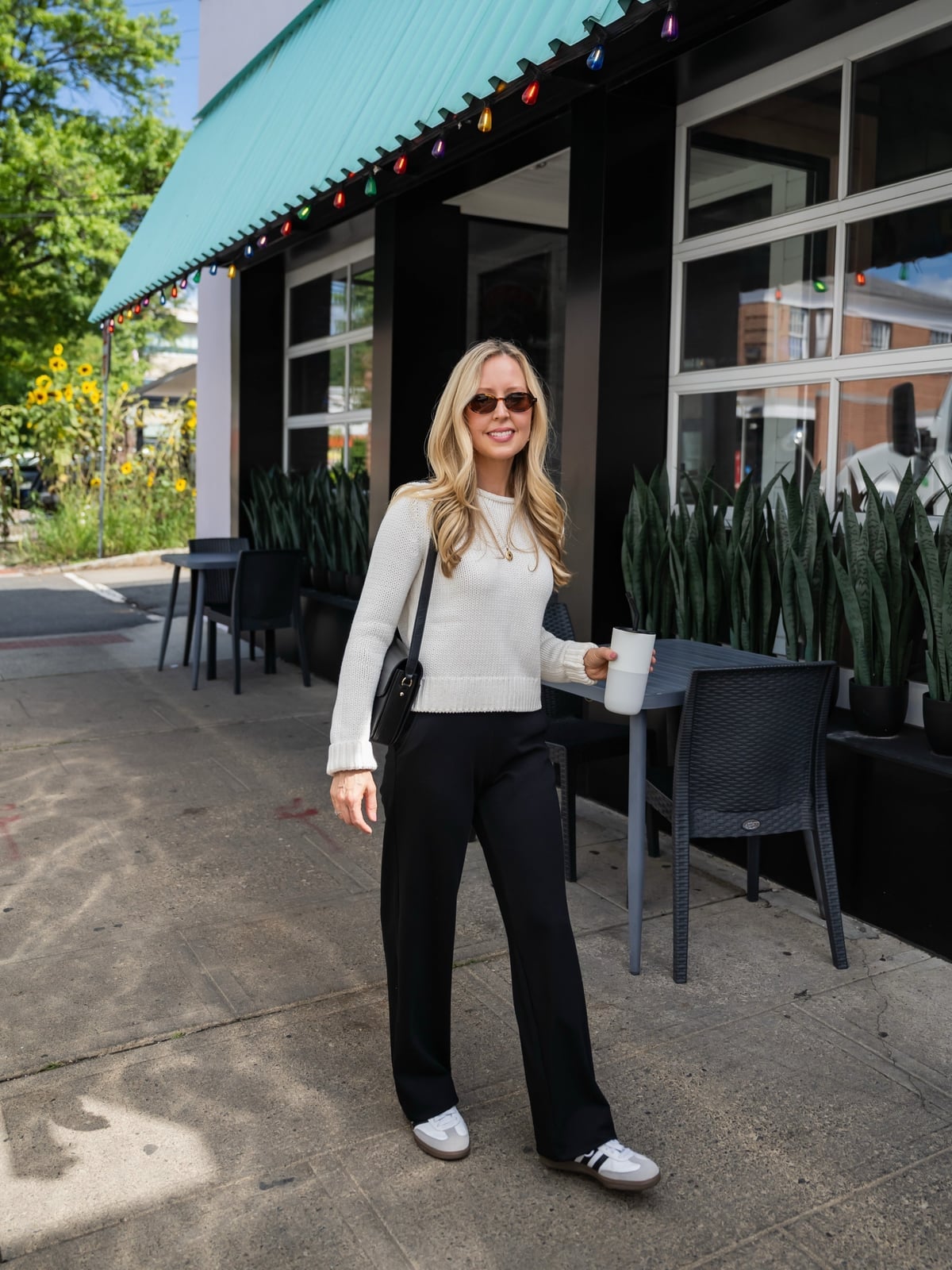 Cream Sweater with Black Relaxed Trousers Cream Sweater with Black Relaxed Trousers — Clean Girl Outfits
