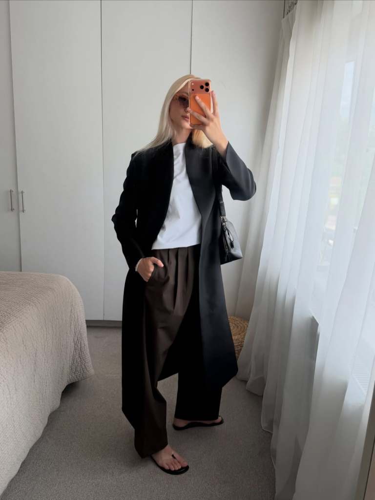 Black Blazer Over White Tee and Brown Trousers Black Blazer Over White Tee and Brown Trousers — Clean Girl Outfits