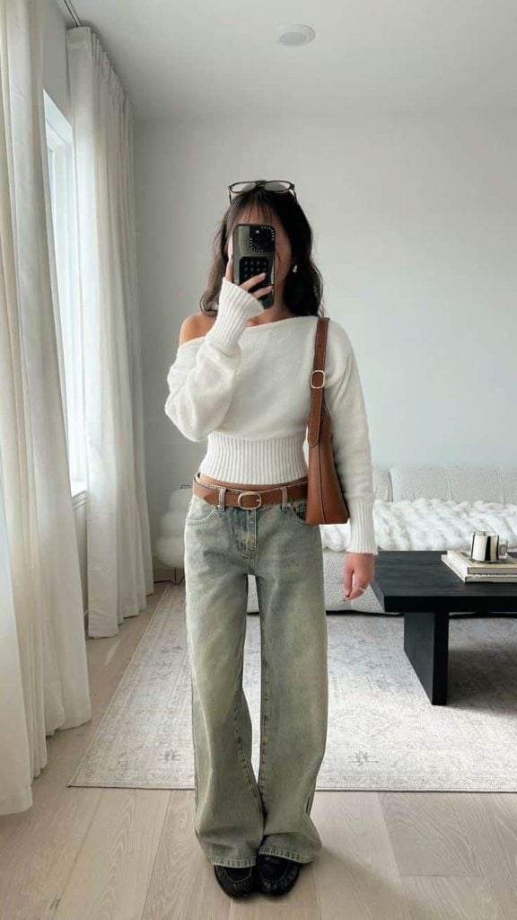 Off-Shoulder Sweater with Light Blue Wide-Leg Jeans Off-Shoulder Sweater with Light Blue Wide-Leg Jeans — Clean Girl Outfits