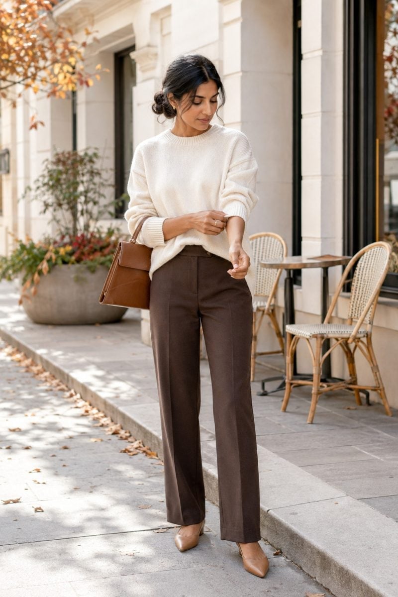 Cream Sweater with Brown Wide-Leg Trousers Cream Sweater with Brown Wide-Leg Trousers — Clean Girl Outfits