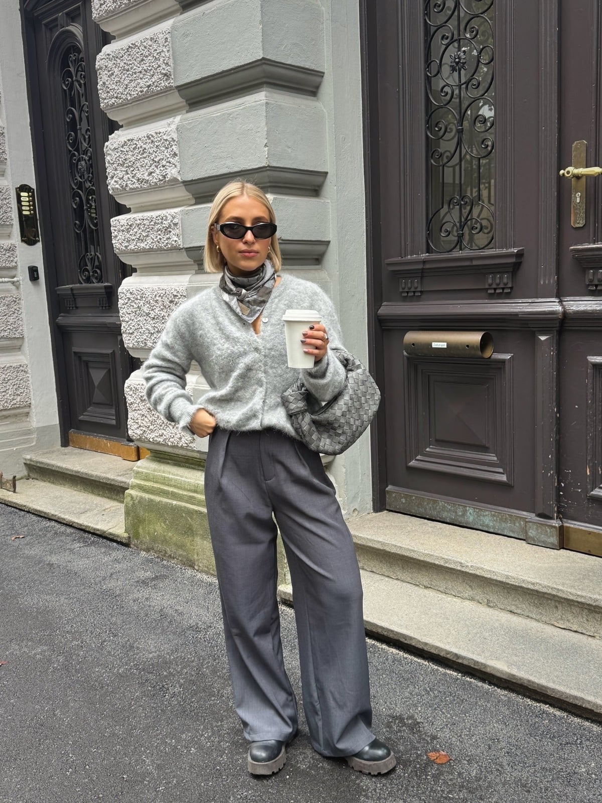 Gray Knit Cardigan and Wide-Leg Trousers Gray Knit Cardigan and Wide-Leg Trousers — Clean Girl Outfits