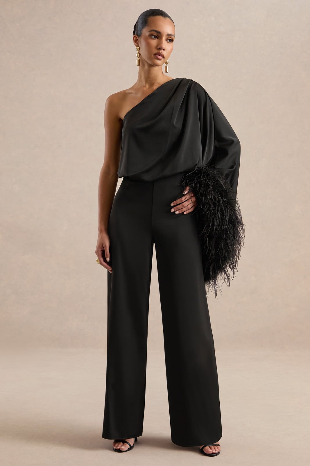 Black one-shoulder jumpsuit with feathered sleeve Black one-shoulder jumpsuit with feathered sleeve — Club Outfits
