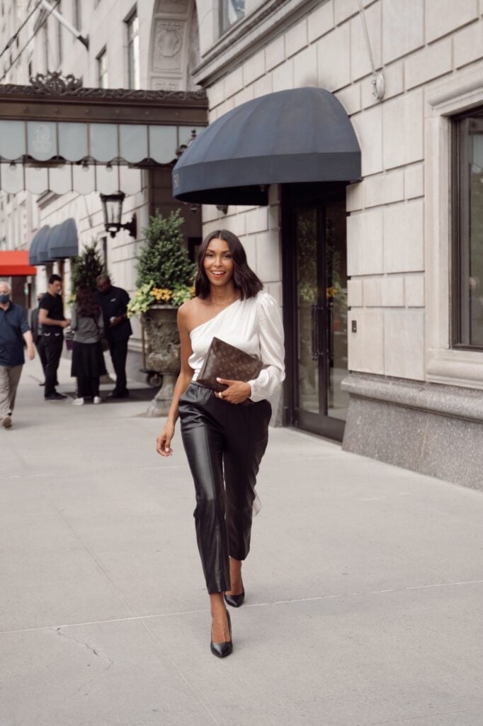 White One-Sleeve Satin Top with Black Faux Leather Trousers White One-Sleeve Satin Top with Black Faux Leather Trousers — Club Outfits Black Women