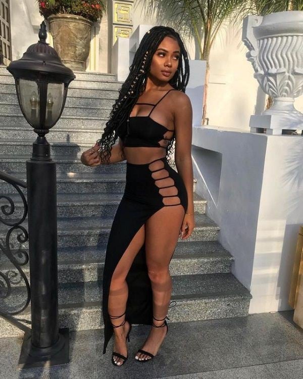 Cut-Out Crop Top and High-Slit Skirt Club Set, Strappy Black Heels Cut-Out Crop Top and High-Slit Skirt Club Set, Strappy Black Heels — Club Outfits Black Women