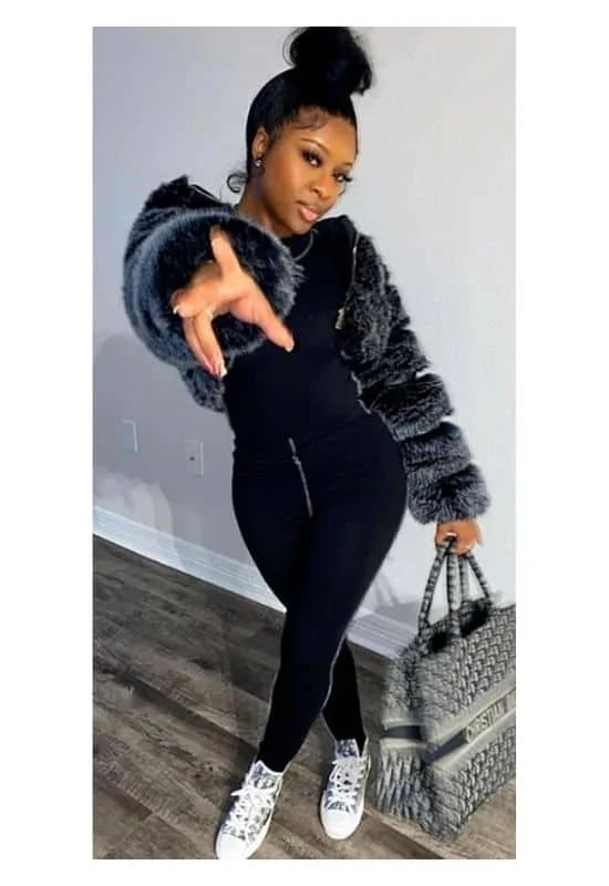 Fitted Black Jumpsuit with Gray Faux Fur Jacket Fitted Black Jumpsuit with Gray Faux Fur Jacket — Club Outfits Black Women