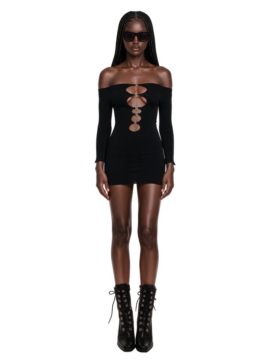 Off-Shoulder Ribbed Knit Dress with Chest Cut-Outs Off-Shoulder Ribbed Knit Dress with Chest Cut-Outs — Club Outfits Black Women