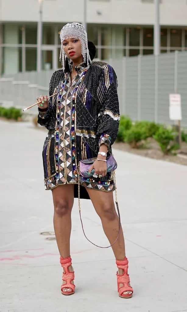 Black Sequin Jacket Dress with Geometric Patterns and Headpiece Black Sequin Jacket Dress with Geometric Patterns and Headpiece — Club Outfits Black Women