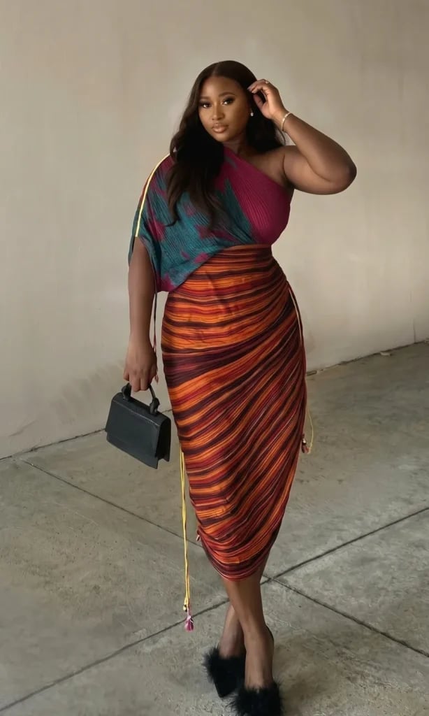 One-Shoulder Top with Striped Pleated Skirt and Feather Trim Heels One-Shoulder Top with Striped Pleated Skirt and Feather Trim Heels — Club Outfits Black Women