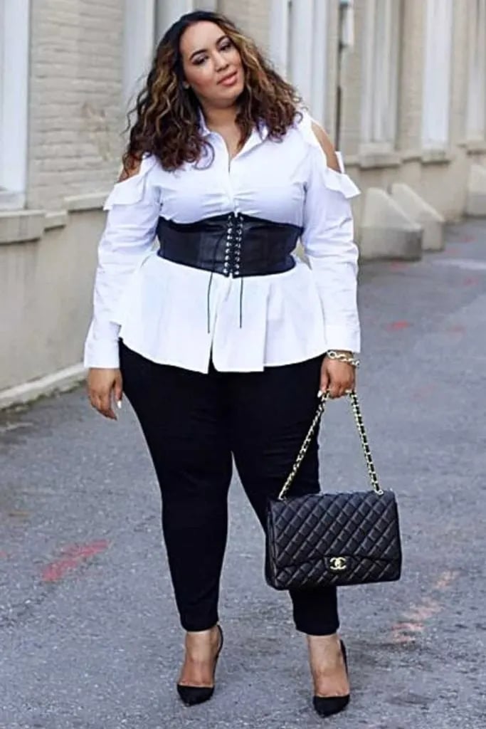 White Off-Shoulder Shirt with Black Corset Belt and Fitted Trousers White Off-Shoulder Shirt with Black Corset Belt and Fitted Trousers — Club Outfits Black Women