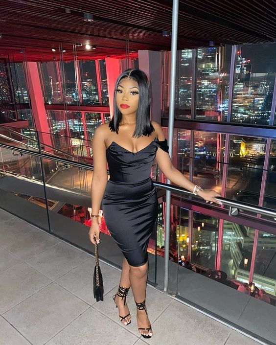 Black Satin Off-the-Shoulder Midi Dress Black Satin Off-the-Shoulder Midi Dress — Club Outfits Black Women
