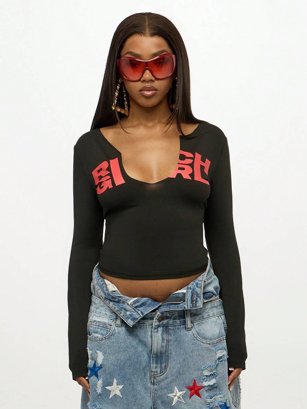 Graphic Print Long Sleeve Crop Top with Distressed Denim Graphic Print Long Sleeve Crop Top with Distressed Denim — Club Outfits Black Women