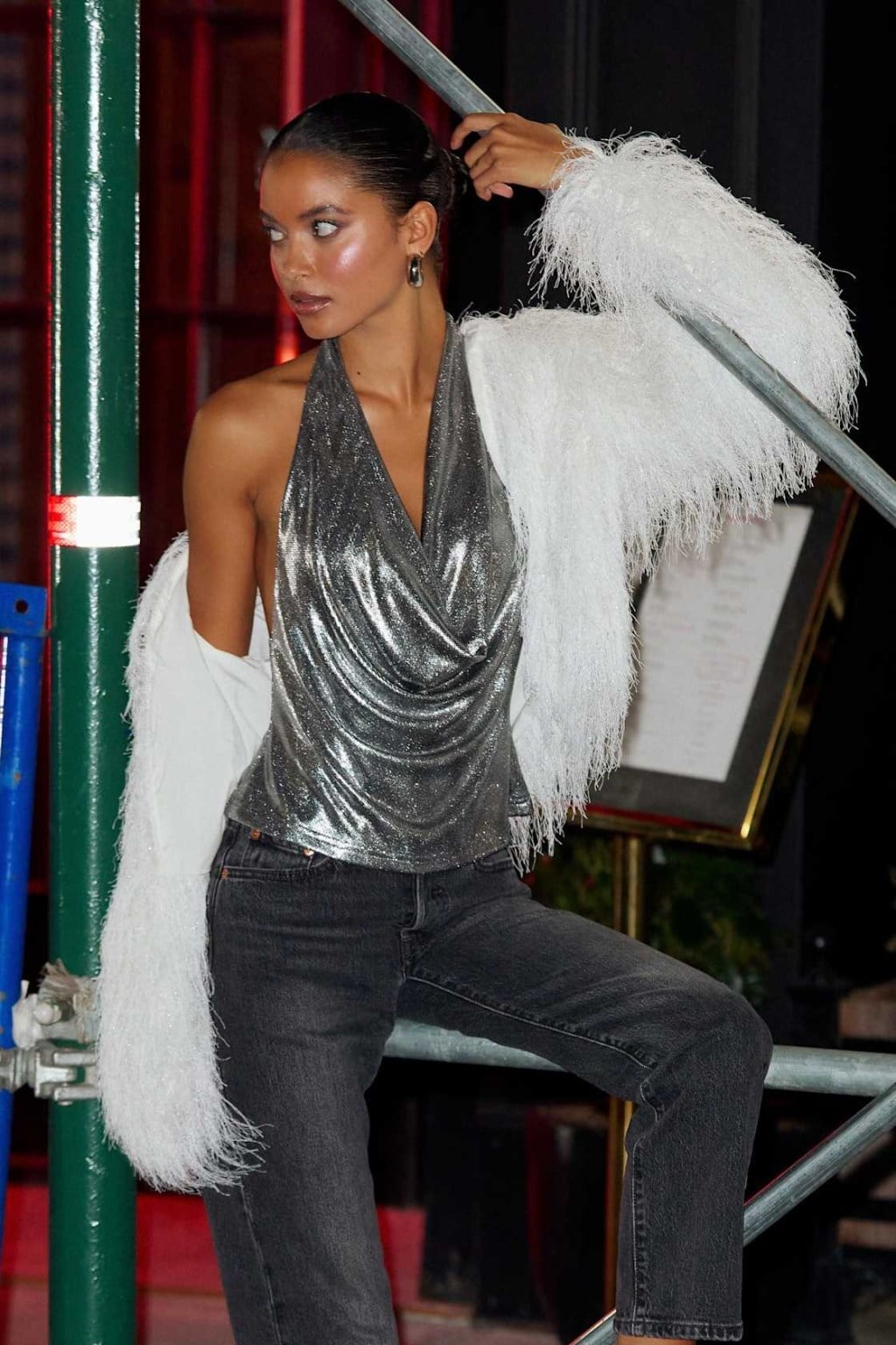 Silver Metallic Halter Top with Feathered Jacket and Denim Jeans Silver Metallic Halter Top with Feathered Jacket and Denim Jeans — Club Outfits Black Women