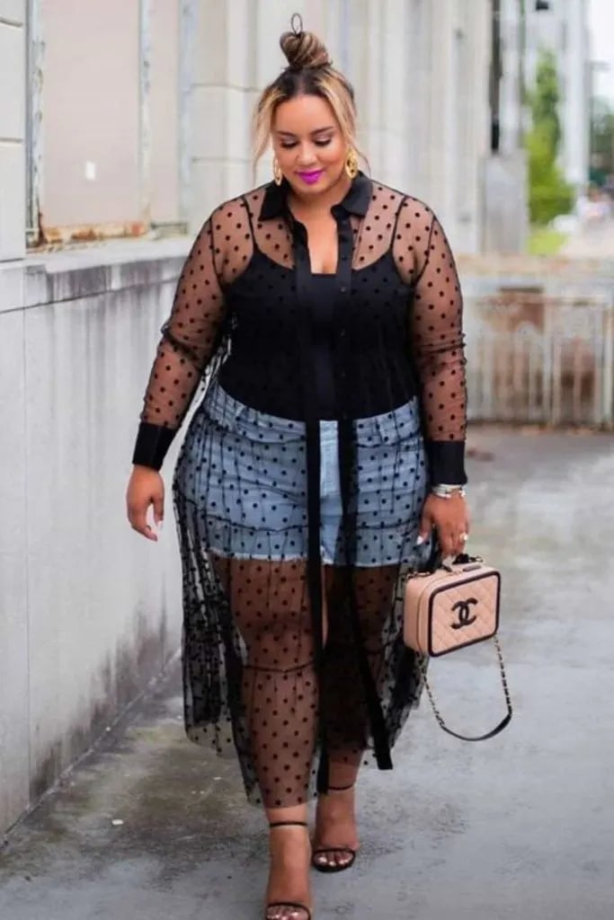Sheer Polka Dot Overlay Dress Over Button-Up Shirt and Denim Shorts Sheer Polka Dot Overlay Dress Over Button-Up Shirt and Denim Shorts — Club Outfits Black Women