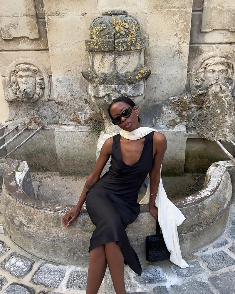 Fitted Black Satin Midi Slip Dress with Draped Scarf Accent Fitted Black Satin Midi Slip Dress with Draped Scarf Accent — Club Outfits Black Women