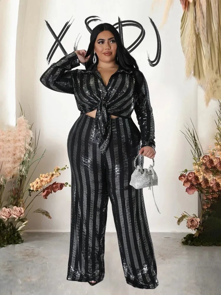 Glamorous Black and Silver Sequin Tie-Front Shirt and Wide-Leg Glamorous Black and Silver Sequin Tie-Front Shirt and Wide-Leg — Club Outfits Black Women