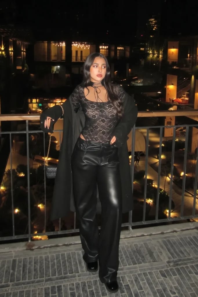 Lace Bodysuit with Sheer Sleeves and Leather Wide-Leg Pants Lace Bodysuit with Sheer Sleeves and Leather Wide-Leg Pants — Club Outfits Black Women