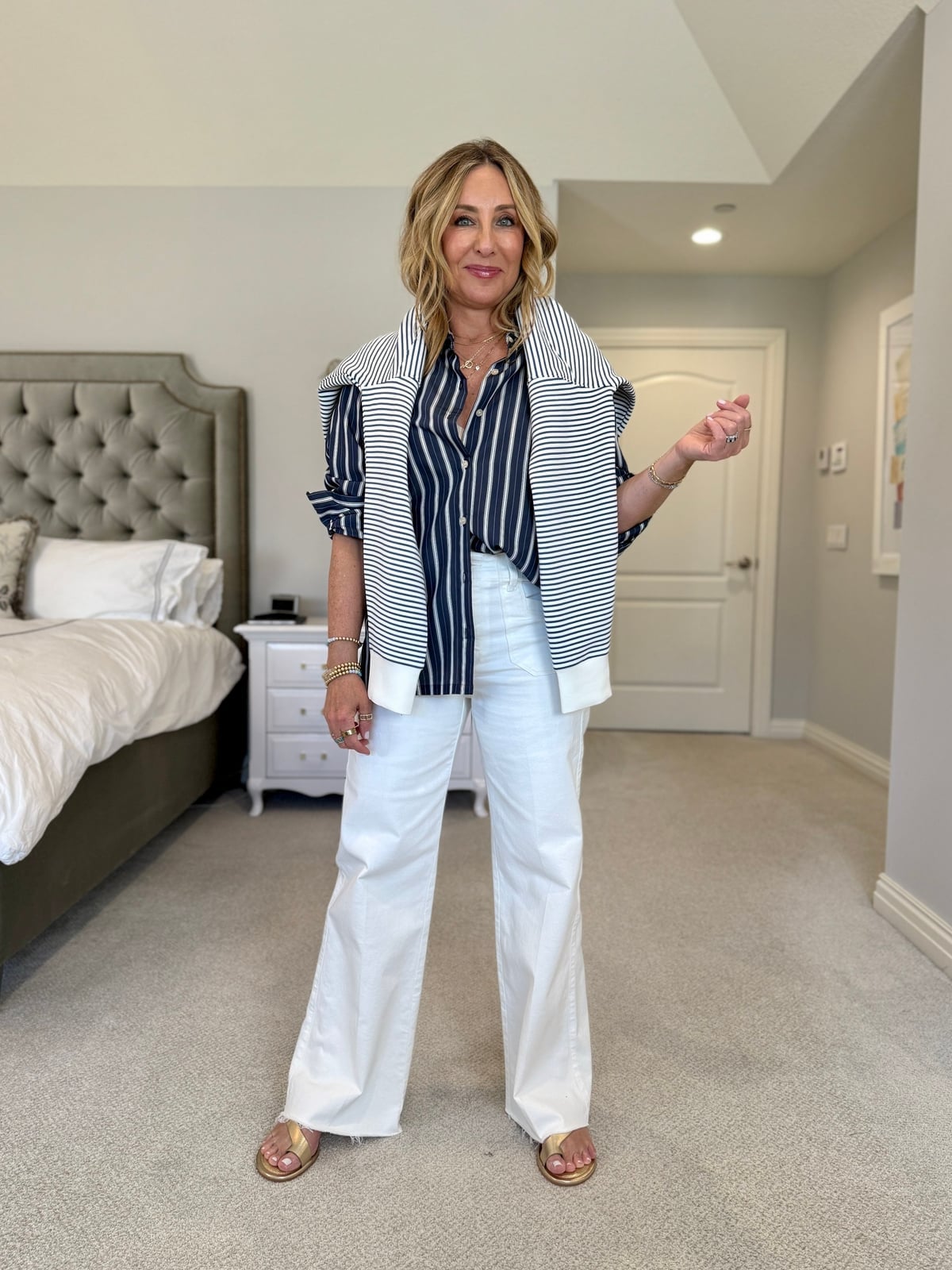Striped Shirt and Jeans with Draped Sweater Striped Shirt and Jeans with Draped Sweater — Coastal Outfits