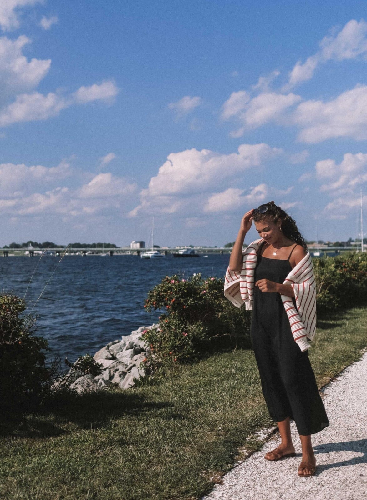 Jumpsuit with Striped Cardigan for Beach Walk Jumpsuit with Striped Cardigan for Beach Walk — Coastal Outfits