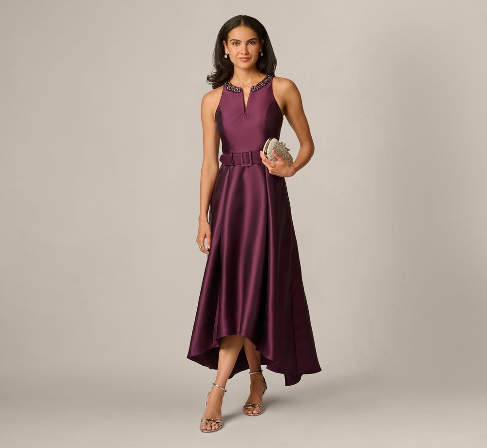 Deep plum satin fit-and-flare midi dress with embellishments Deep plum satin fit-and-flare midi dress with embellishments — Cocktail Dresses