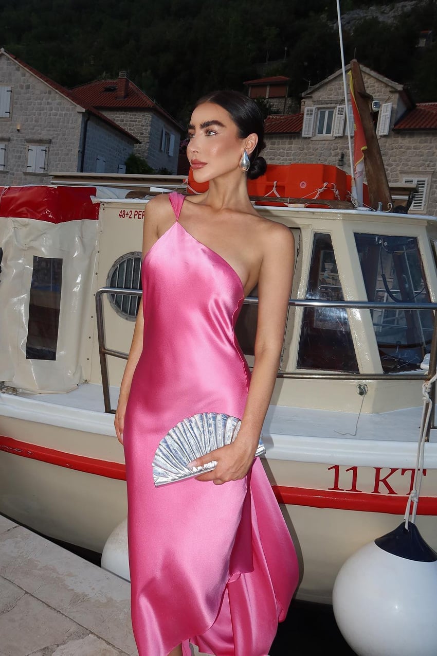 Hot pink satin one-shoulder column maxi dress Hot pink satin one-shoulder column maxi dress — Cocktail Dresses