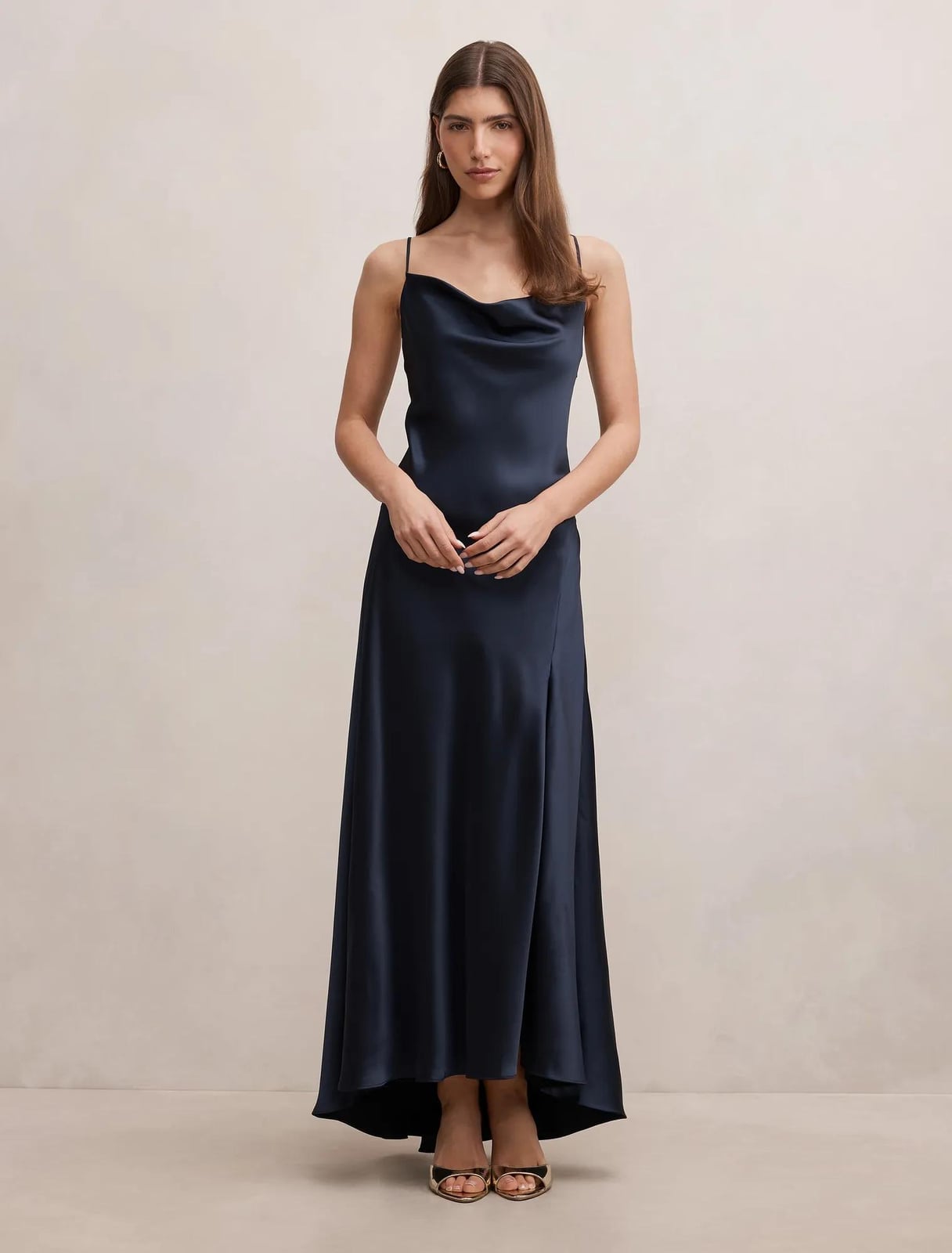 Navy blue satin slip dress with cowl neckline Navy blue satin slip dress with cowl neckline — Cocktail Dresses
