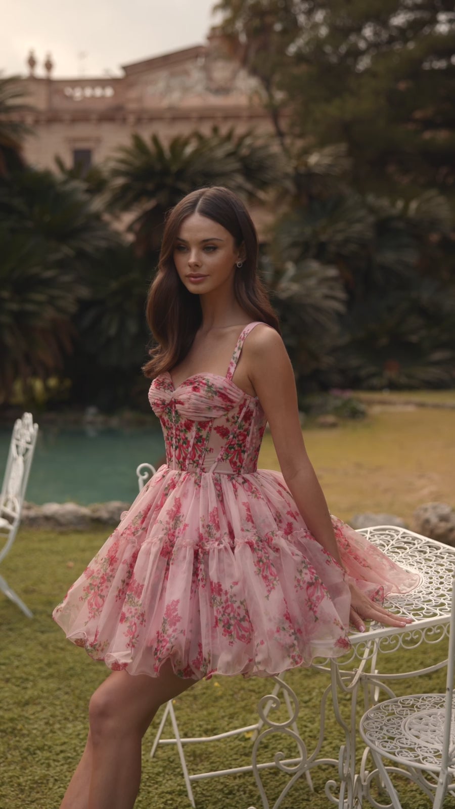 Pink floral corset dress with tulle skirt Pink floral corset dress with tulle skirt — Cocktail Dresses