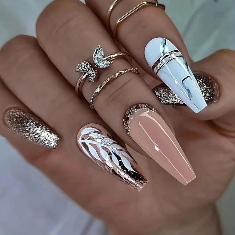 Long Coffin Mixed Designs Marble Foil Pearls Long Coffin Mixed Designs Marble Foil Pearls — Coffin Nails