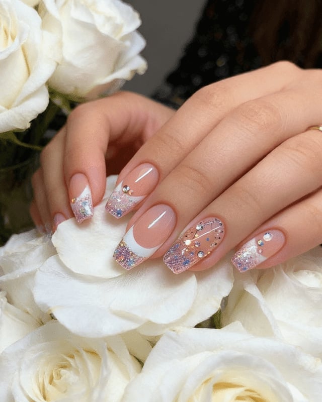 Short Coffin Glitter French with Rhinestones Short Coffin Glitter French with Rhinestones — Coffin Nails