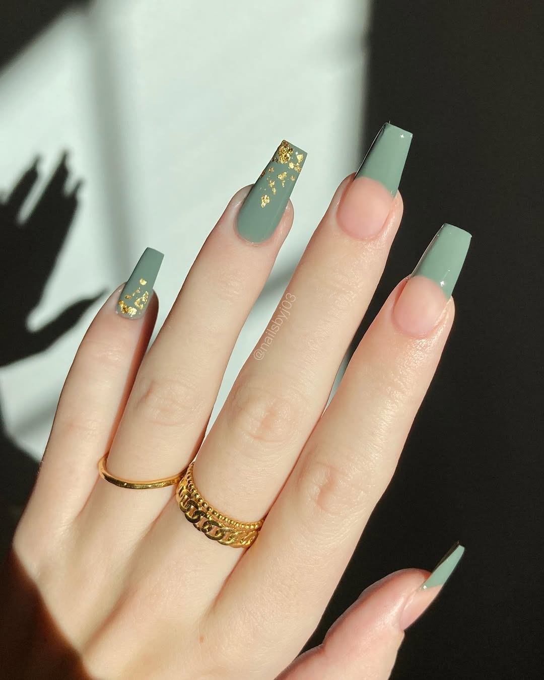 Sage Green Coffin Nails with Gold Foil Sage Green Coffin Nails with Gold Foil