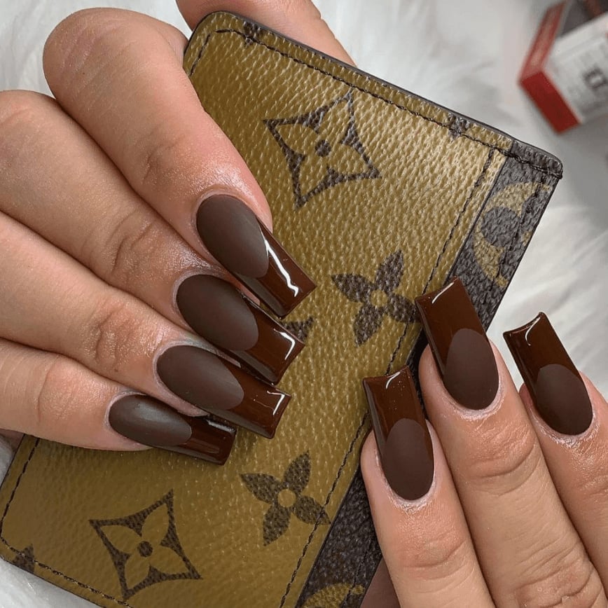 Matte Brown Coffin French with Glossy Tip Matte Brown Coffin French with Glossy Tip — Coffin Nails