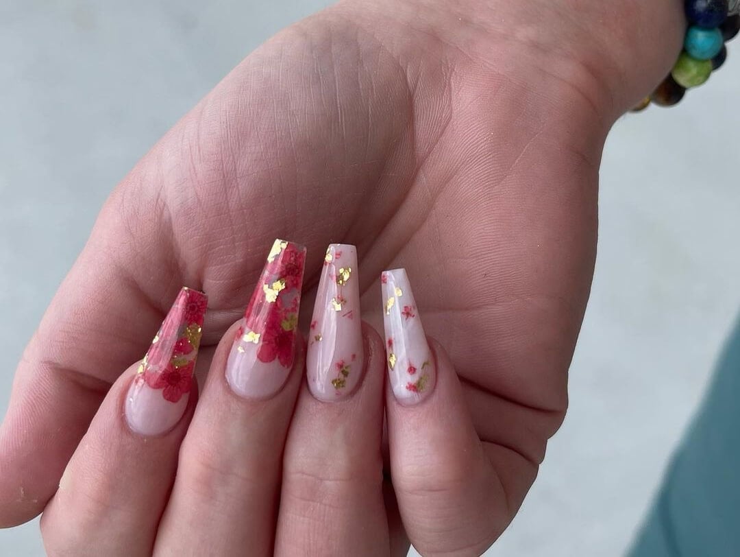 Sheer Pink Coffin with Dried Flowers and Gold Foil Sheer Pink Coffin with Dried Flowers and Gold Foil — Coffin Nails