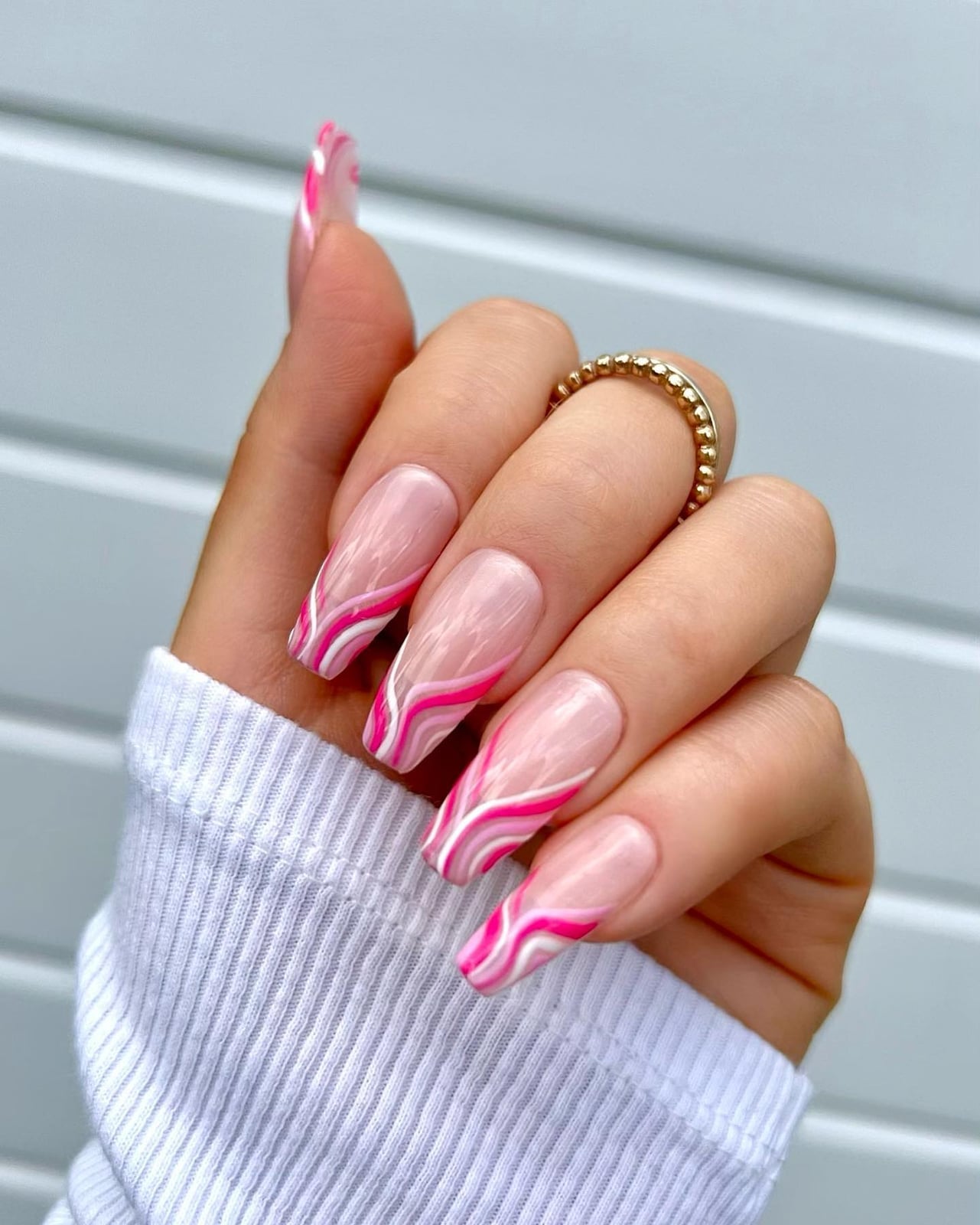 Clear Coffin with Pink and White Wavy Lines Clear Coffin with Pink and White Wavy Lines — Coffin Nails