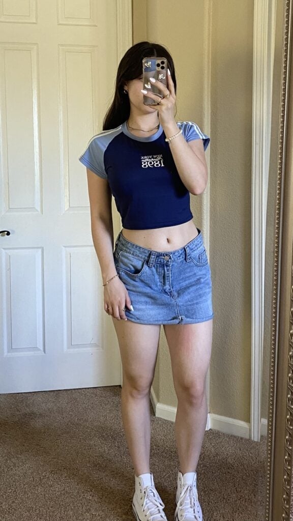 Cropped tee with denim mini skirt Cropped tee with denim mini skirt — College Outfits