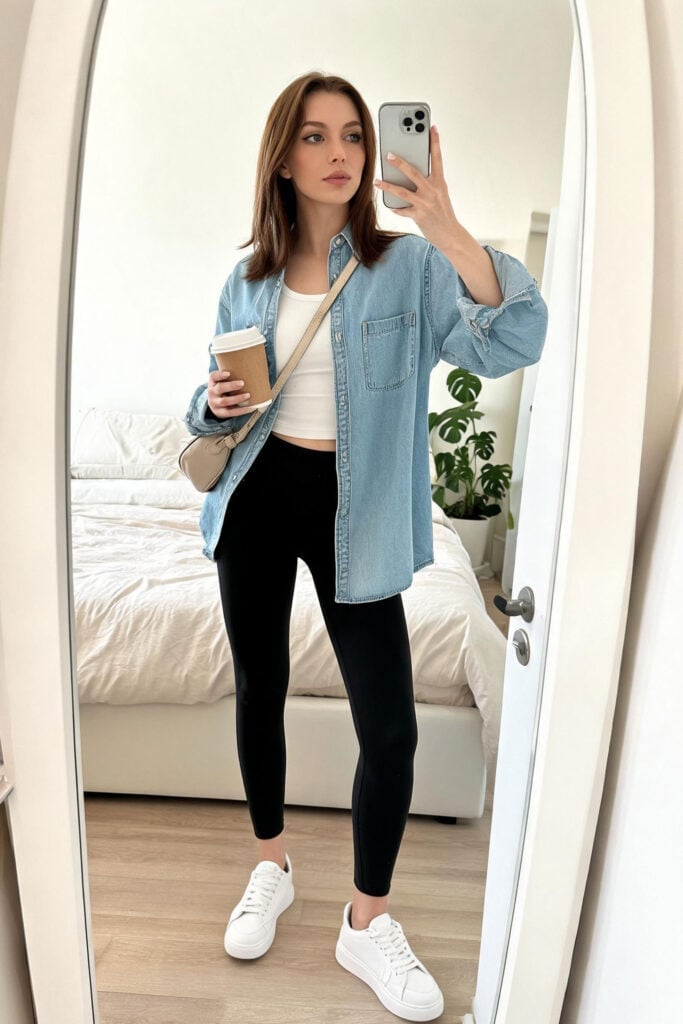 Denim shirt layered over a tank with leggings Denim shirt layered over a tank with leggings — College Outfits