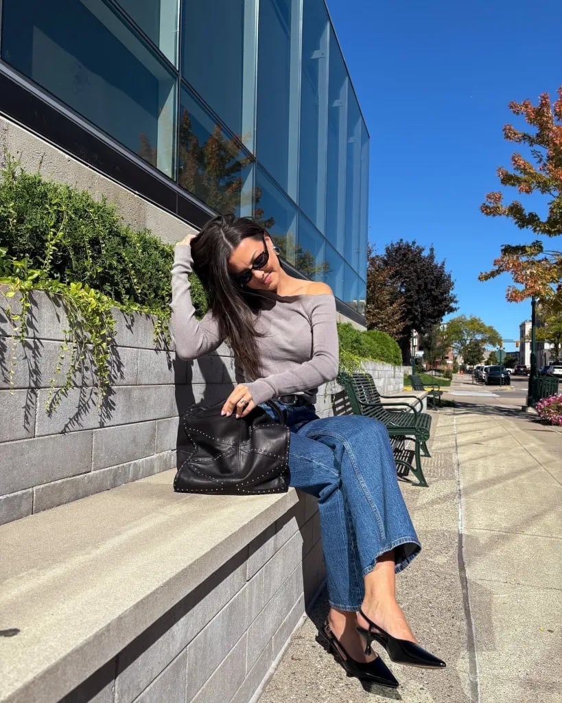 Off-shoulder knit top with wide-leg jeans, Close-Up Take Off-shoulder knit top with wide-leg jeans, Close-Up Take — College Outfits