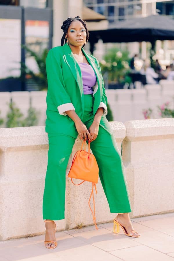 Green Suit With Purple Top And Orange Bag Green Suit With Purple Top And Orange Bag — Color Combinations Outfit
