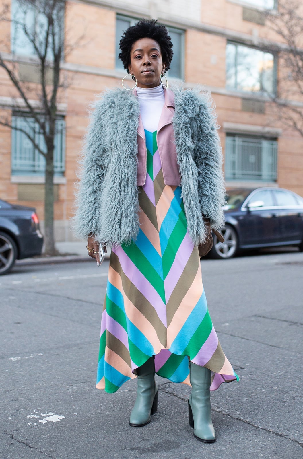 Light Blue Faux Fur Jacket Over Pink Cropped Jacket Light Blue Faux Fur Jacket Over Pink Cropped Jacket — Color Combinations Outfit