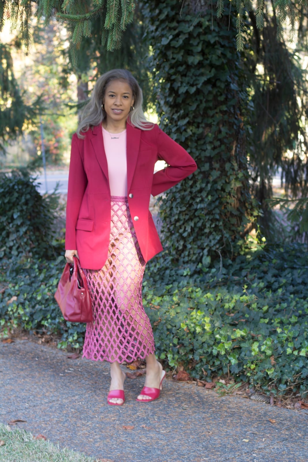 Fuchsia Blazer With Burgundy Laser-Cut Skirt Fuchsia Blazer With Burgundy Laser-Cut Skirt — Color Combinations Outfit