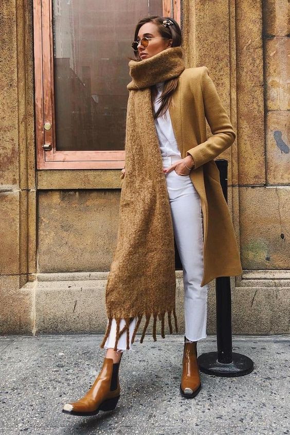 Camel Coat With Textured Camel Scarf Camel Coat With Textured Camel Scarf — Color Combinations Outfit