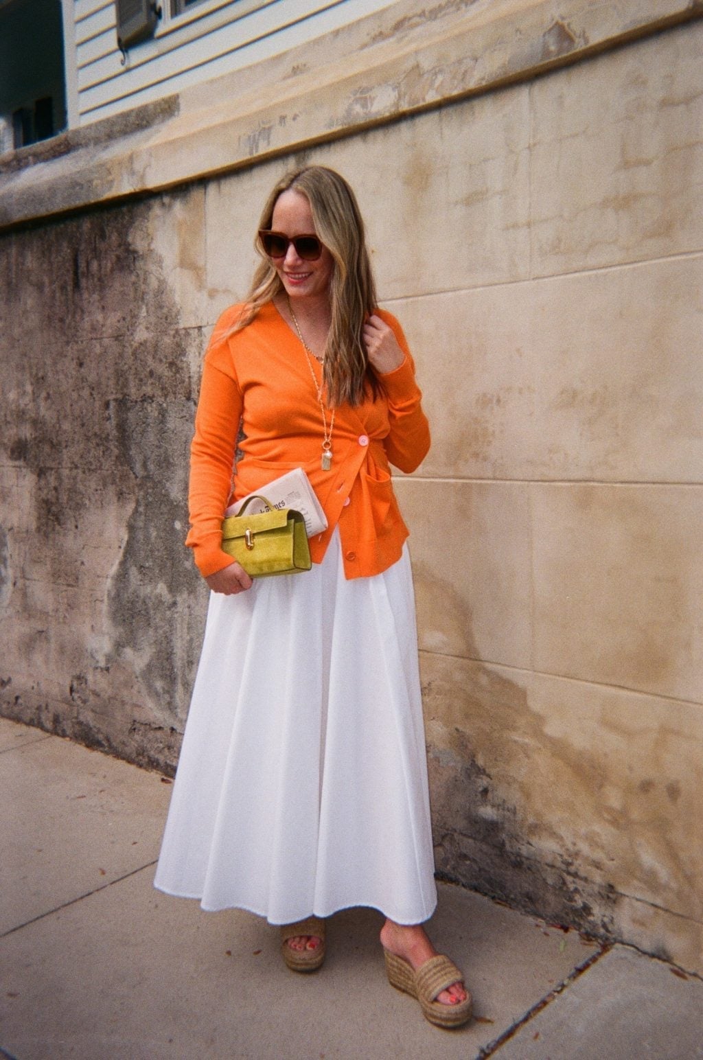 White Maxi Skirt With Orange Wrap Cardigan White Maxi Skirt With Orange Wrap Cardigan — Color Combinations Outfit