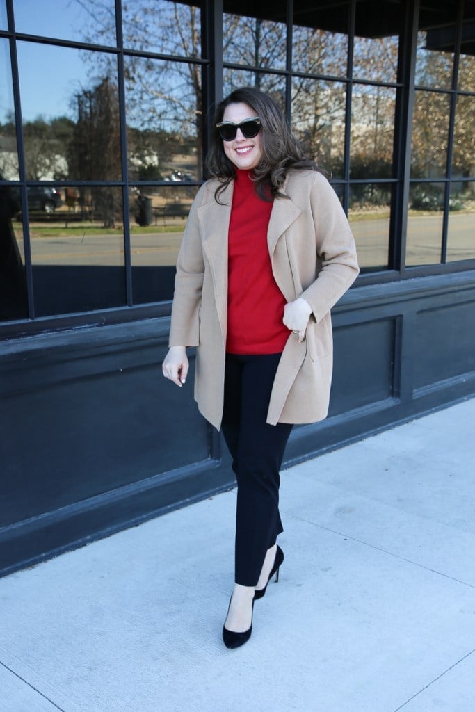 Camel Coat With Red Turtleneck Camel Coat With Red Turtleneck — Color Combinations Outfit