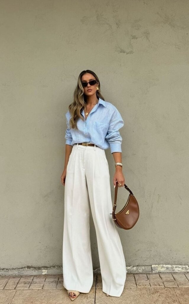 Light Blue Oversized Shirt With White Wide Leg Pants Light Blue Oversized Shirt With White Wide Leg Pants — Color Combinations Outfit