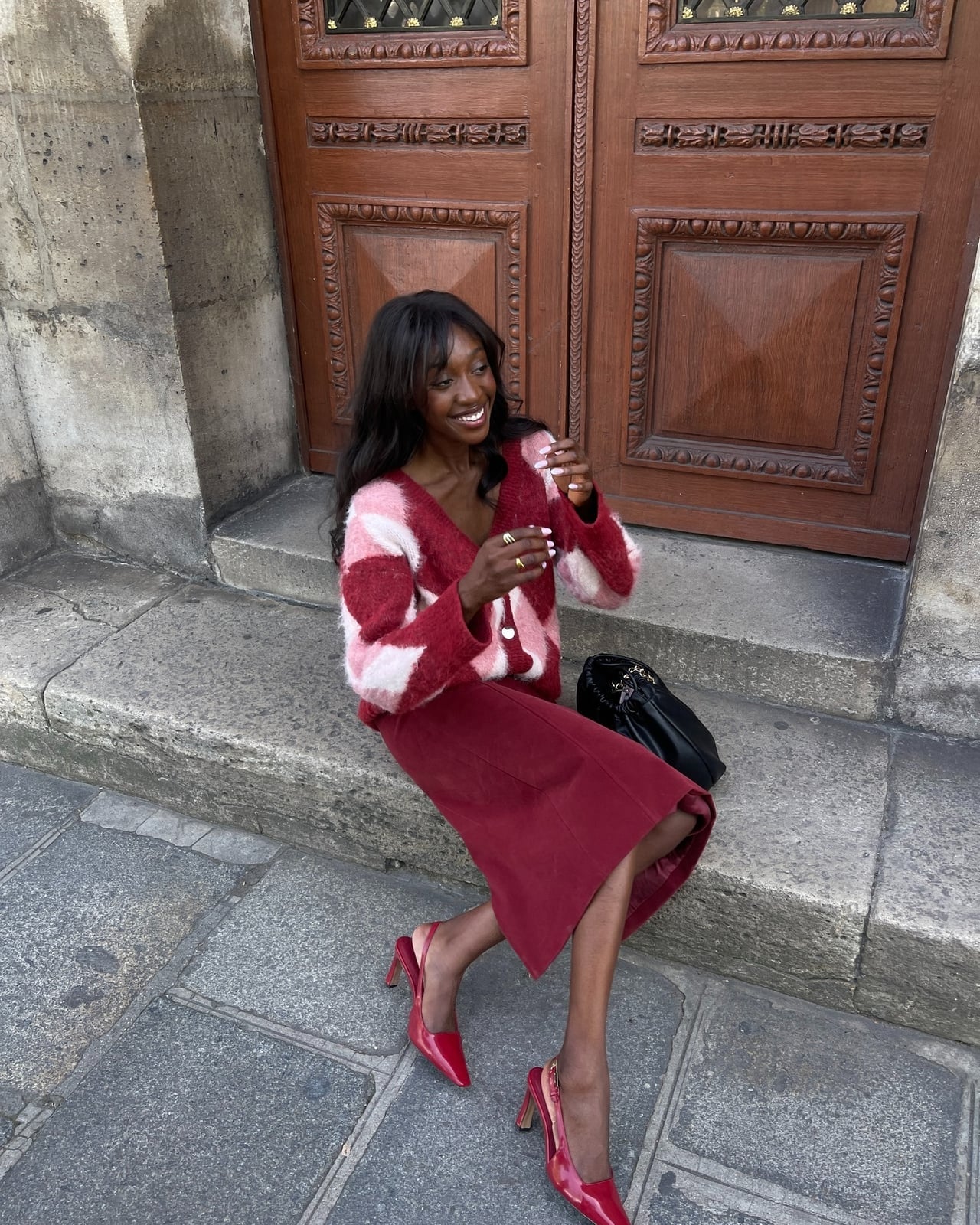 Burgundy Skirt With Striped Fuzzy Cardigan Burgundy Skirt With Striped Fuzzy Cardigan — Color Combinations Outfit
