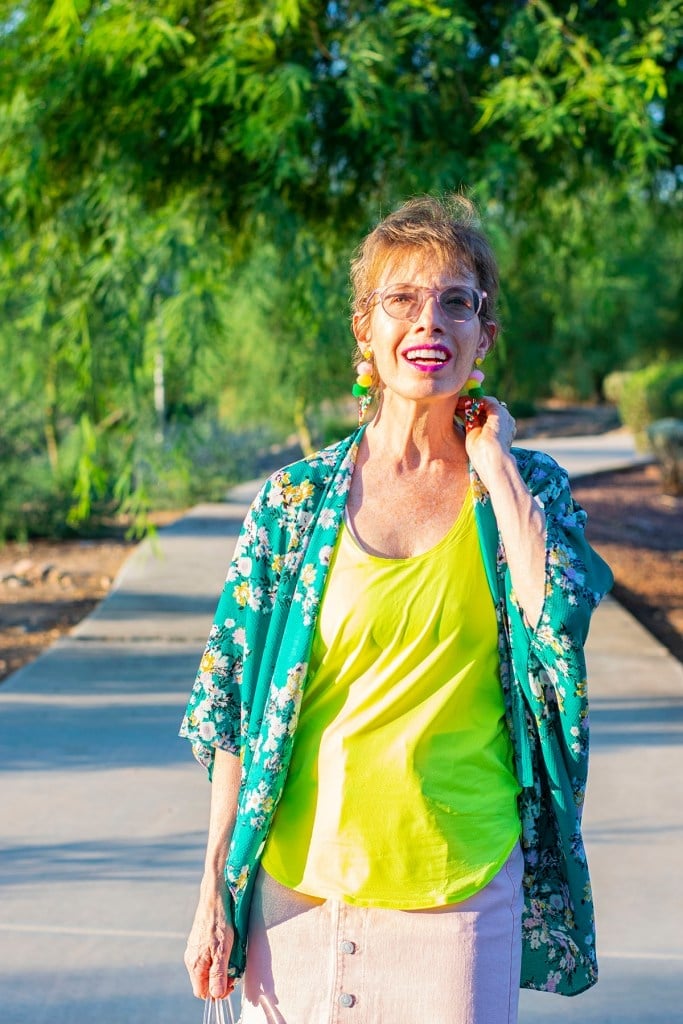 Teal Floral Kimono With Neon Yellow Tank Teal Floral Kimono With Neon Yellow Tank — Color Combinations Outfit